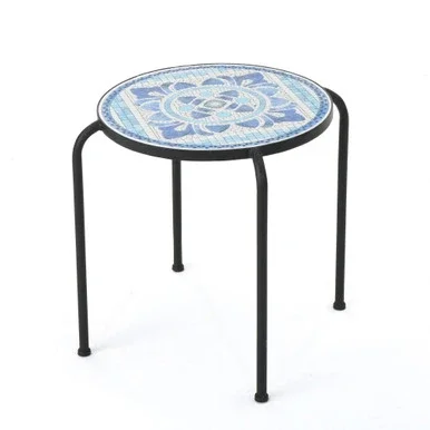 17″ Blue and White Contemporary Outdoor Patio Round Side Accent Table