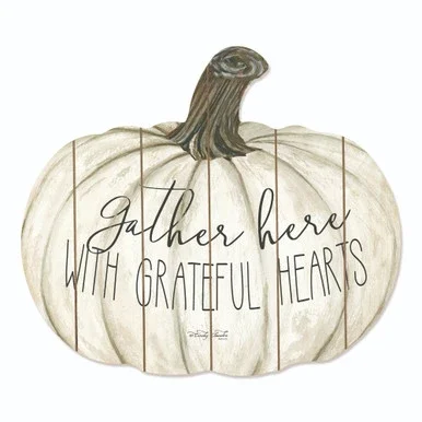 17″ Ivory and Brown “Gather Here with Grateful Hearts” Hanging Pumpkin Thanksgiving Wall Decor