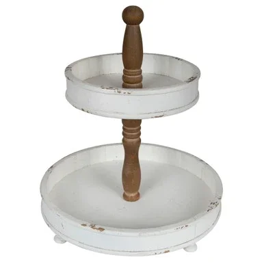 17″ White and natural 2 Tier Round Wood Tray