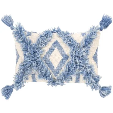 18″ Aegean Blue and Beige Bohemian Style Rectangular Throw Pillow Cover with Tassels