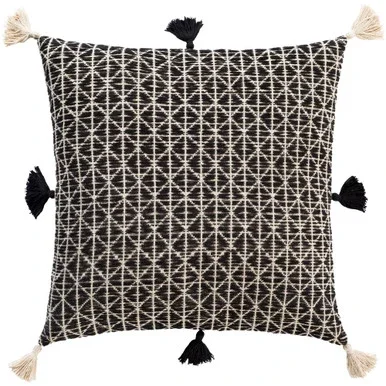 18″ Black and Beige Tasseled Diamond Pattern Square Woven Throw Pillow – Polyester Filler