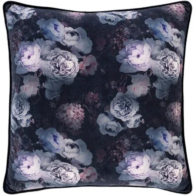18″ Black and Gray Floral Pattern Piping Velvet Throw Pillow – Down Filler