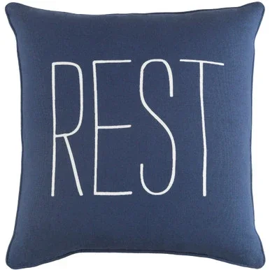 18″ Navy Blue and White Screen Printed “Rest” Square Woven Throw Pillow Cover