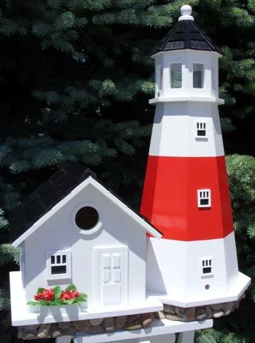 19.5″ White and Red Montauk Point Lighthouse Post-Mount Wild Birdhouse
