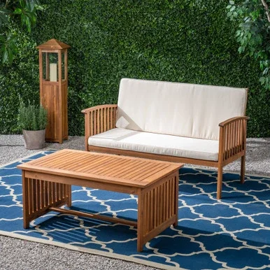 2-Piece Brown Patina Contemporary Wood Outdoor Furniture Patio Chat Set – Cream Cushions