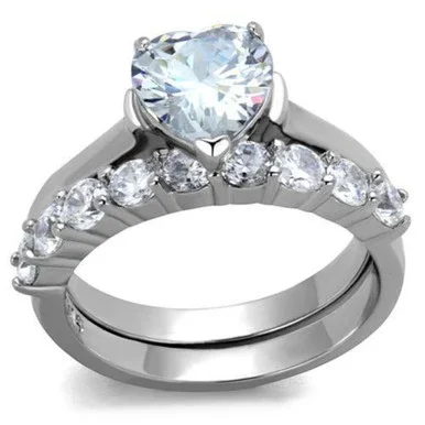 2-Piece Stainless Steel Women’s Wedding Ring Set with Heart Shaped CZ Stones, Size 8