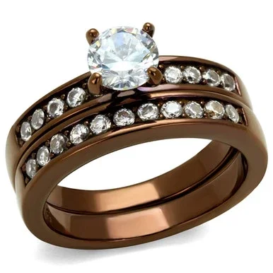 2-Piece Women’s Coffee Light IP Stainless Steel Wedding Ring Set with CZ, Size 8