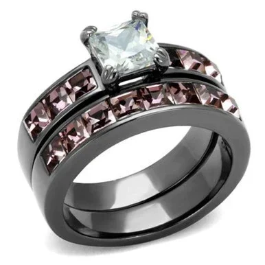 2-Piece Women’s Ion Plated Light Black Stainless Steel Ring Set with CZ, Size 7
