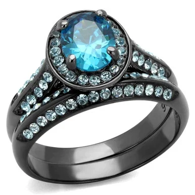 2-Piece Women’s Light Black IP Stainless Steel Wedding Ring Set with Sea Blue CZ, Size 6