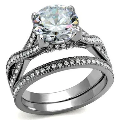 2-Piece Women’s Stainless Steel Wedding Prong Ring Set with Round Cubic Zirconia, Size 10