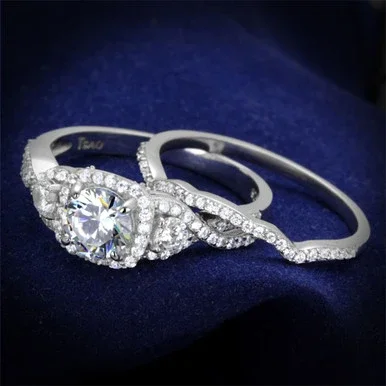 2-Piece Women’s Sterling Silver Wedding Ring Set with Round Cubic Zirconia, Size 7