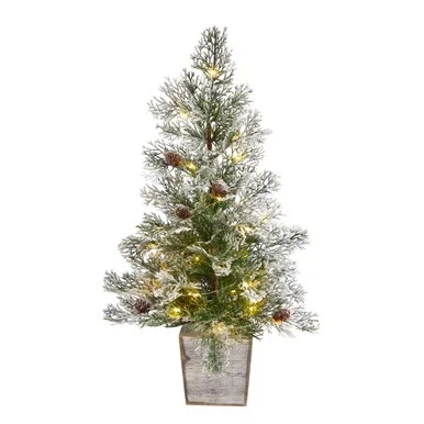 2’ Pre-Lit Frosted Artificial Christmas Potted Tree with Pinecones, Clear Lights