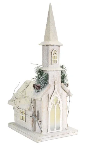 20.25″ Pine and Twigs Wooden Church Christmas Tabletop with Clear LED Lights