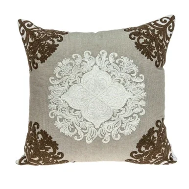 20″ Beige Cotton Damask Throw Pillow