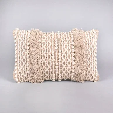 20″ Beige Woven Cotton and Jute Lumbar Throw Pillow