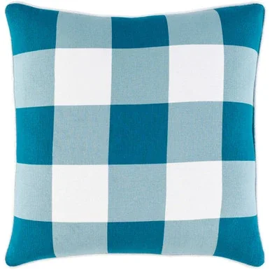 20″ Teal and White Screen Printed Checkered Pattern Piping Throw Pillow