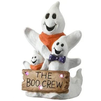 21″ White and Orange Boo Crew Ghost Trio with LED Lights Halloween Tabletop Decor
