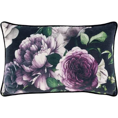 22″ Black and Purple Botanical Pattern Piping Velvet Throw Pillow