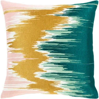 22″ Pink and Teal Abstract Pattern Hand Embroidered Throw Pillow – Down Filler