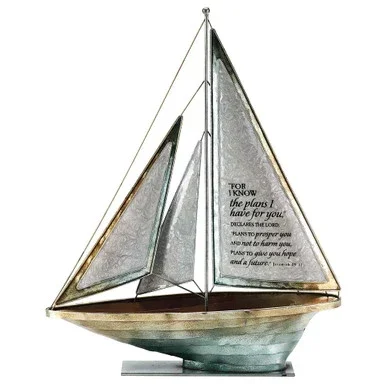 22″ Silver Tone and Blue Jeremiah 29:11 Bible Verse Sailboat Figure