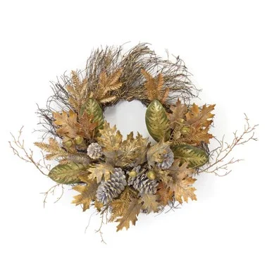 23″ Golden Brown, Green and Gray Home Decoration and Gift Collections Plastic and Rattan Fall Wreath