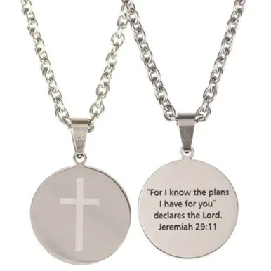 24″ Silver Men’s Round Medal Necklace with Cross