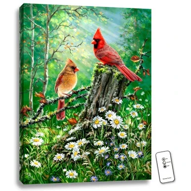 24″ x 18″ Green and Red Cardinal Birds Back-lit Wall Art with Remote Control