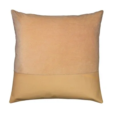 24” Beige Velvet and Light Brown Leather Square Pillow