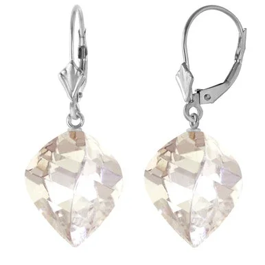 25.6 CTW 14k Solid White Gold Leverback Earrings Twisted Briolette White Topaz
