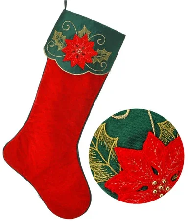 25″ Red and Green Velvet Embroidered Poinsettia and Holly Christmas Stocking