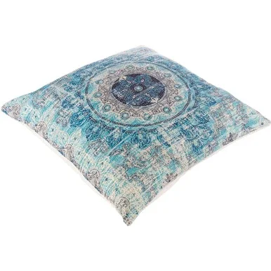 26″ Blue and Beige Digitally Printed Medallion Pattern Throw Pillow Cover