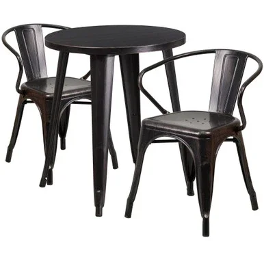 29” Black-Antique Gold Metal Round Indoor-Outdoor Table Set with 2 Arm Chairs