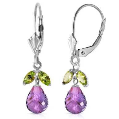 3.4 Carat 14k Solid White Gold Leverback Earrings with Amethysts and Peridots
