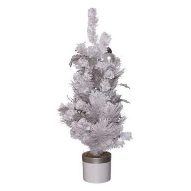 3′ Potted White Artificial Christmas Tree with Silver Berries, Unlit