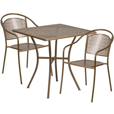 3-Piece Gold Finish Steel Square Outdoor Furniture Patio Table with Round Back Chairs