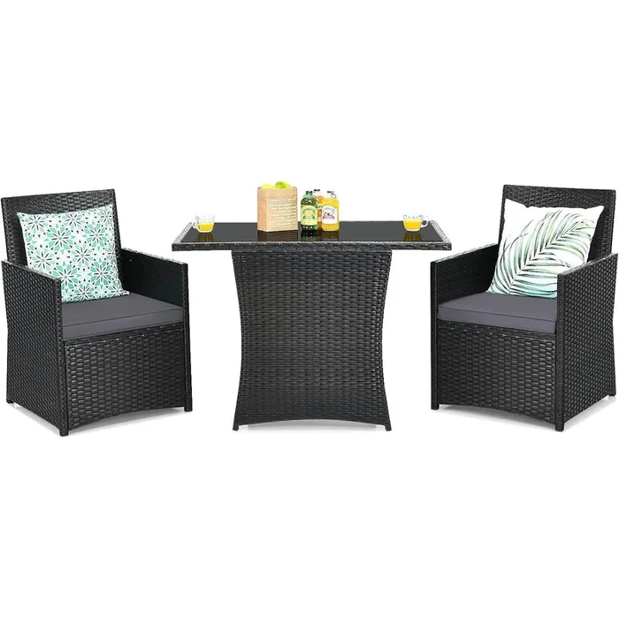 3-Piece Outdoor Patio Furniture Bistro Dining Set in Brown Grey PE Rattan