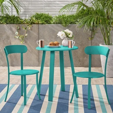 3-Piece Teal Blue Purple Finish Contemporary Outdoor Furniture Patio Bistro Set