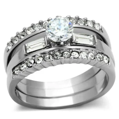 3-Piece Women’s Stainless Steel Wedding Ring Set with Cubic Zirconia, Size 8