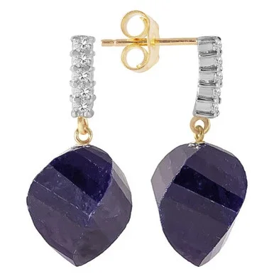 30.65 CTW 14k Solid Gold Dangle Earrings with Dyed Twisted Sapphires and Diamond accents