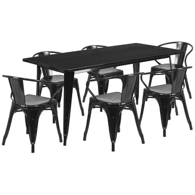 31.5” x 63” Rectangular Black Metal Table Set with 6 Arm Chairs