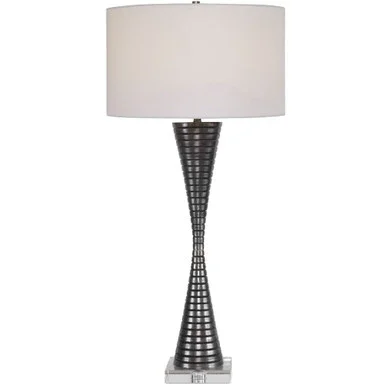 35.5″ Black Modern Style Ribbed Iron Hourglass Silhouette Table Lamp with White Drum Shade