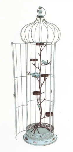 36″ Rustic Chic 5-Tea Light Candle Holder Bird Cage with Spotted Bird Accents Blue and Brown