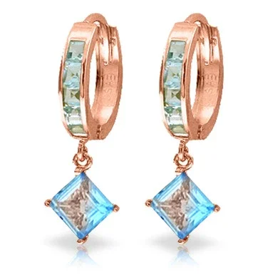4.4 Carat 14k Solid Rose Gold Hoop Earrings Dangling Blue Topaz