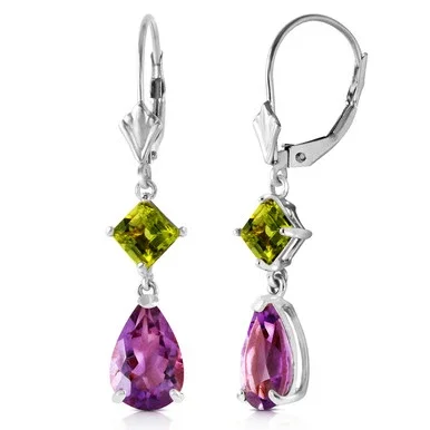 4.5 Carat 14k Solid White Gold Dangling Earrings with Natural Amethysts and Peridots