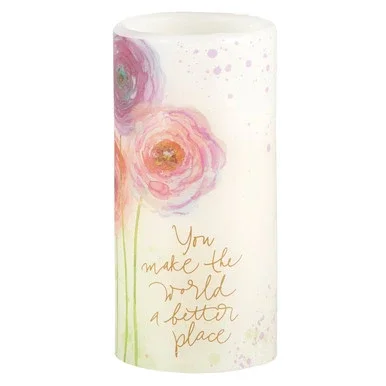 4″ Pink, Lavender And Golden Brown “You Make The World A Better Place” LED Candle With Lavender Confetti Graphics
