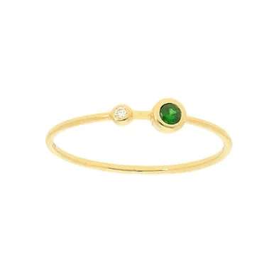 4″ Yellow Gold Two Bezel Diamond and Tsavorites Thin Band Ring