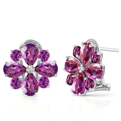 4.85 CTW 14k Solid White Gold Amethyst French Clip Flower Earrings