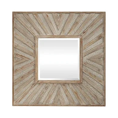 40″ Geometric Brown and White Stone and Wood Square Hanging Wall Mirror