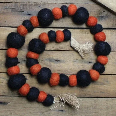 48″ Orange and Black Plush Snowball Halloween Garland