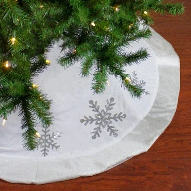 48″ White and Silver Embroidered Sequin Snowflakes Tree Skirt